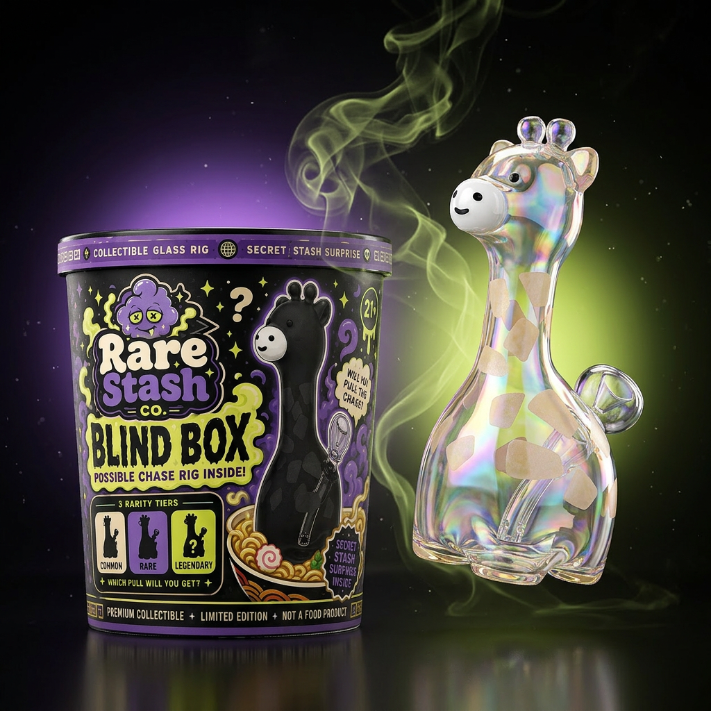Rare Stash Co. Mystery Cup blind box with iridescent Puff Pals giraffe glass rig